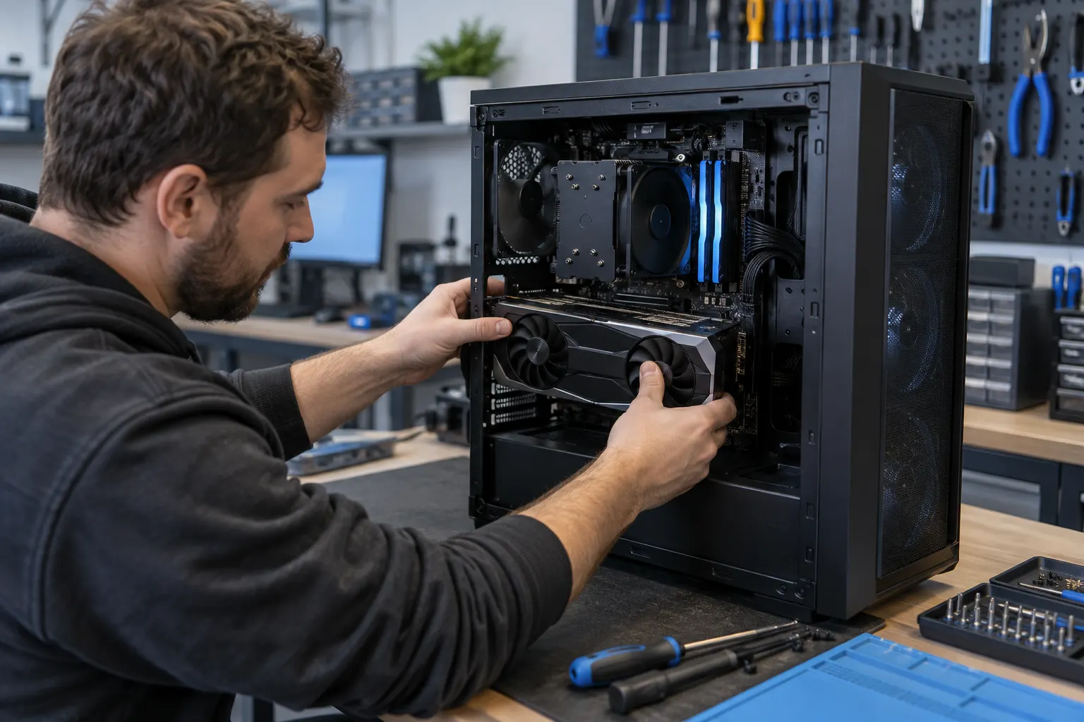 Imagem ilustrativa de técnico fazendo upgrade em computador gamer