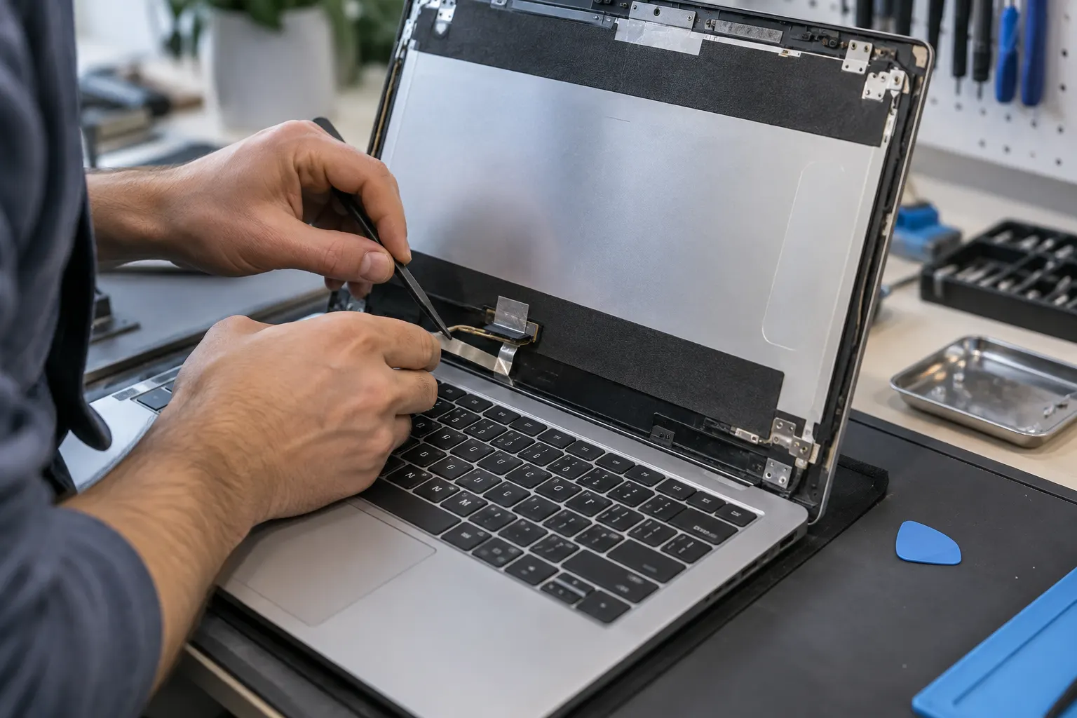 Imagem ilustrativa de reparo da tela de notebook em bancada técnica
