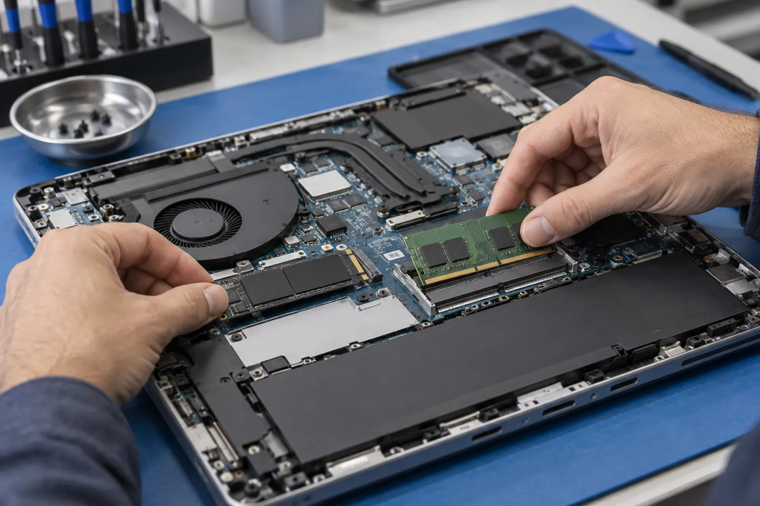 Imagem ilustrativa de instalação de SSD e memória em notebook aberto